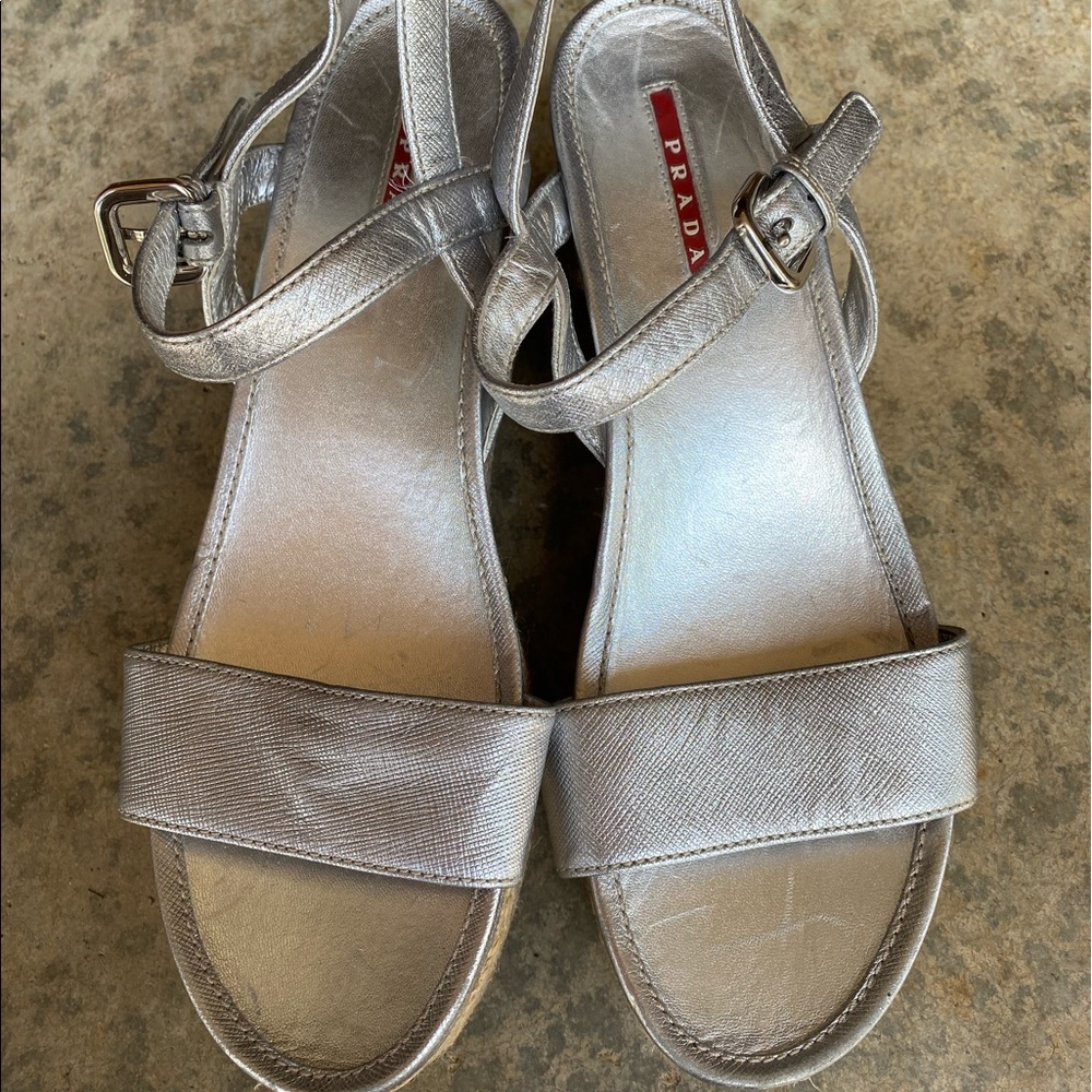 PRADA LEATHER SILVER ESPADRILLE WEDGE SANDALS